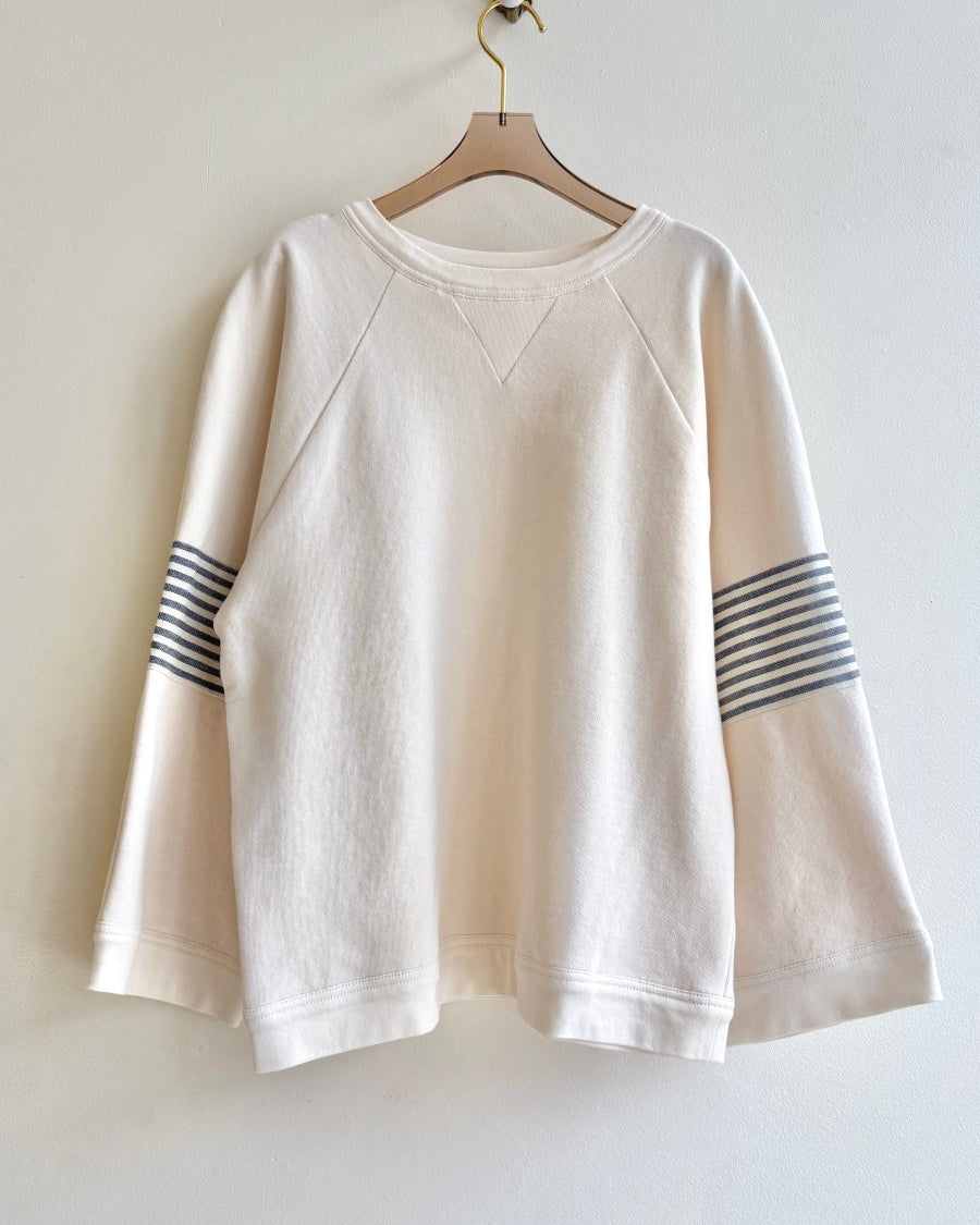 Beige Cotton Ragland Crewneck | Color Blocked with Vintage Stripe Elbows - Made X Hudson