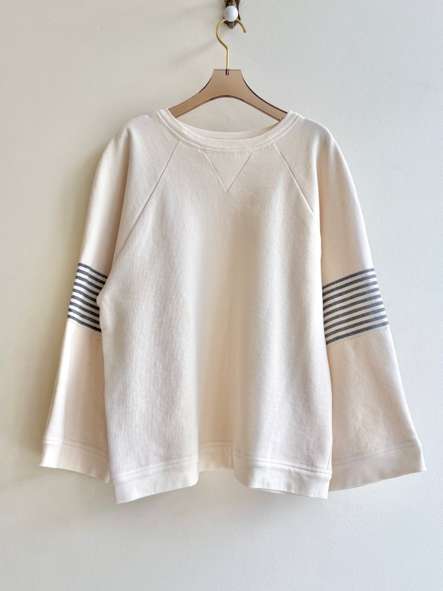 Beige Cotton Ragland Crewneck | Color Blocked with Vintage Stripe Elbows - Made X Hudson
