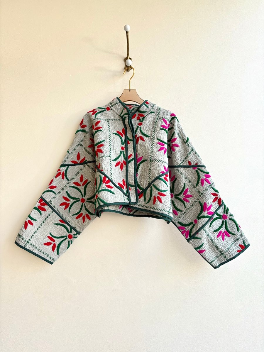 Reversible Kaira Quilted Cropped Jacket in Colors Pale Sage with Floral Embroidery - Made X Hudson