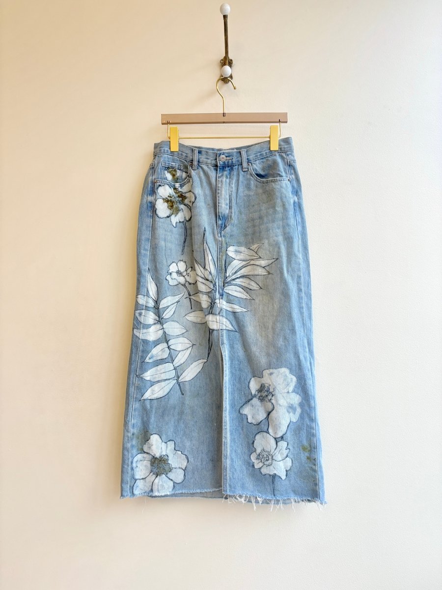 Light Blue Denim Long Floral Printed & Hand Drawn Skirt (Reworked) - Made X Hudson