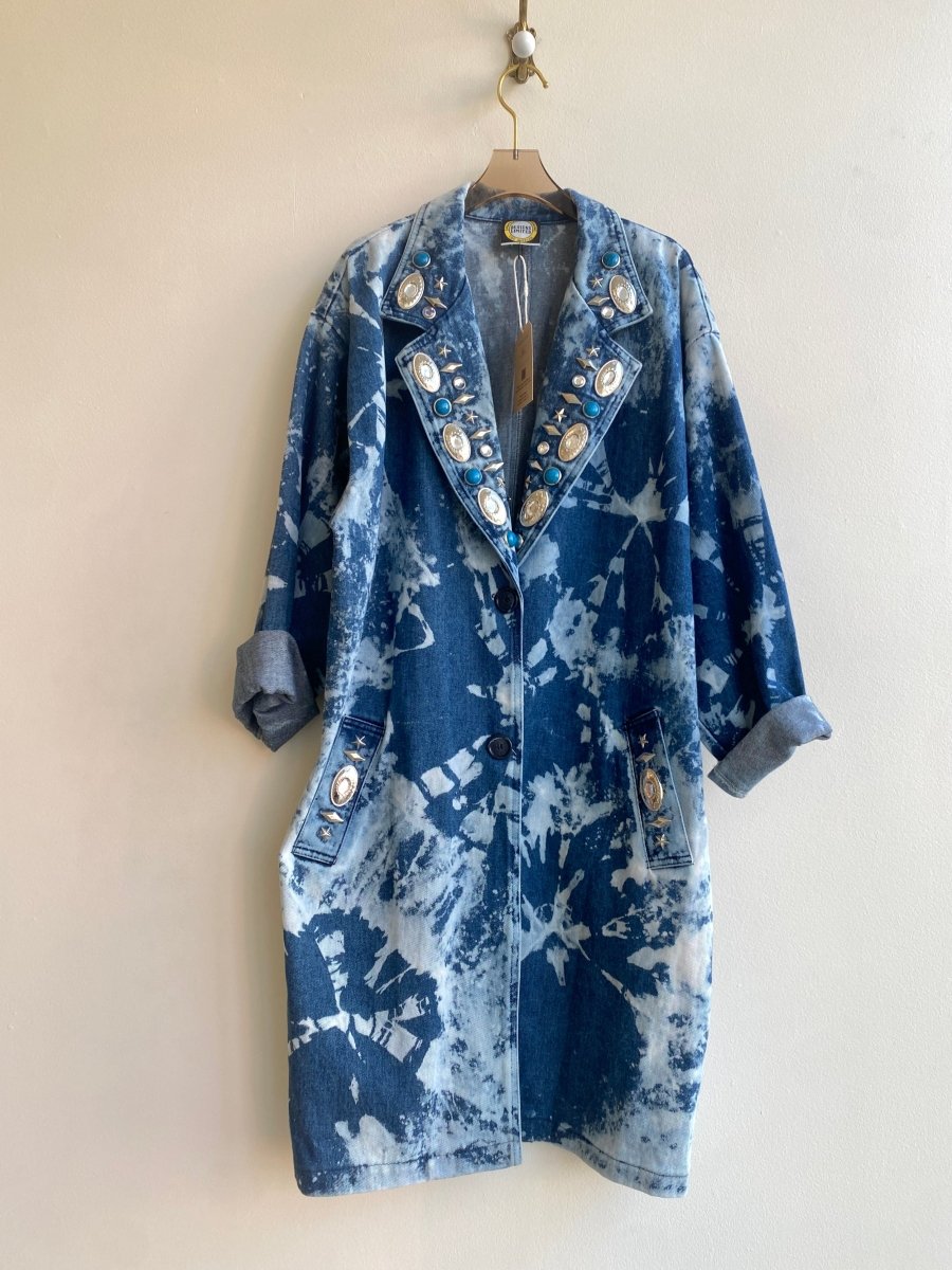 Vintage Hand Dyed Conch Studded Button Up Denim Trench Coat (Reworked) - Made X Hudson