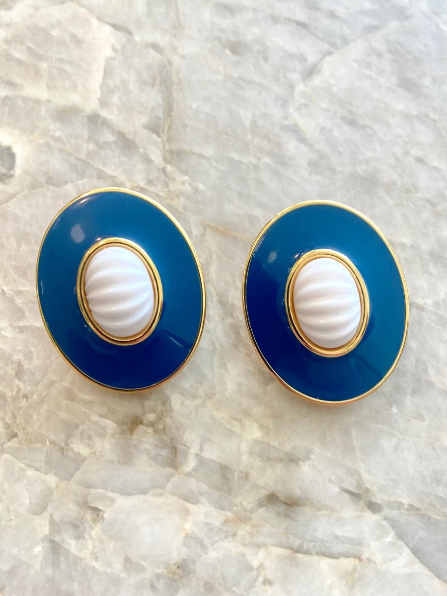 Large Blue Enamel & Faux Pearl Earrings (Vintage) - Made X Hudson