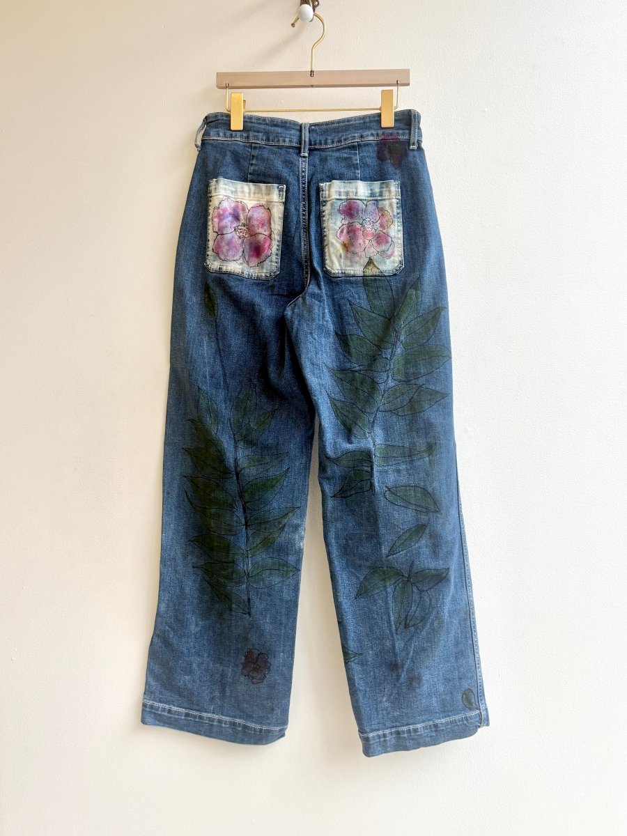 Pink Flower Pockets w/ Leaves Eco Printed & Hand Drawn Dark Denim Pants (Reworked) - Made X Hudson