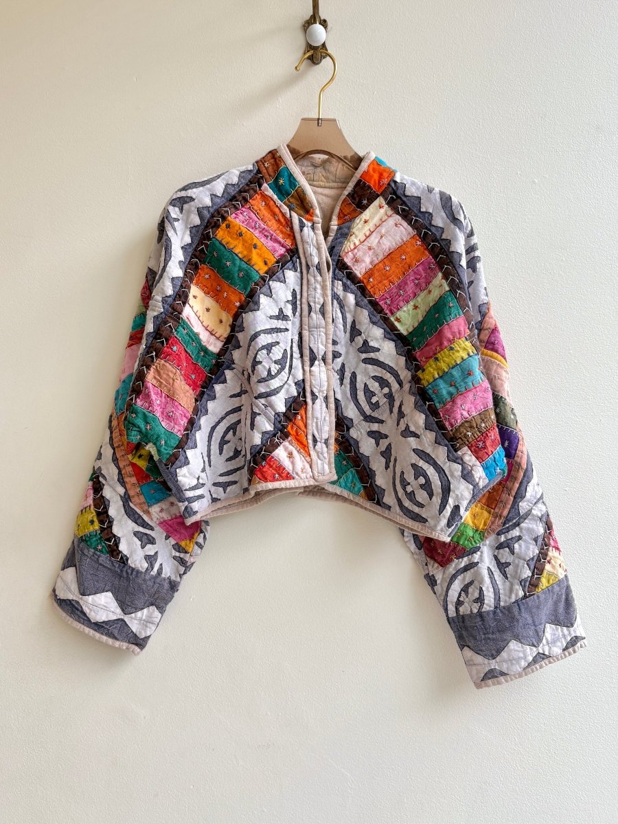 Reversible Suzani Quilted Cropped Jacket in Colors Ecru & Cream, Purple, Pink, Yellow, Brown, Orange - Made X Hudson
