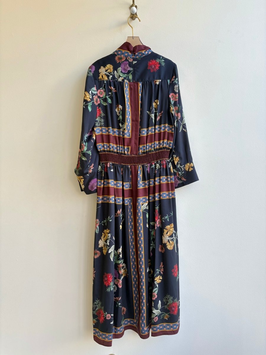 Teri Jon | Navy & Burgundy Floral Tie Neck Dress (Vintage) - Made X Hudson