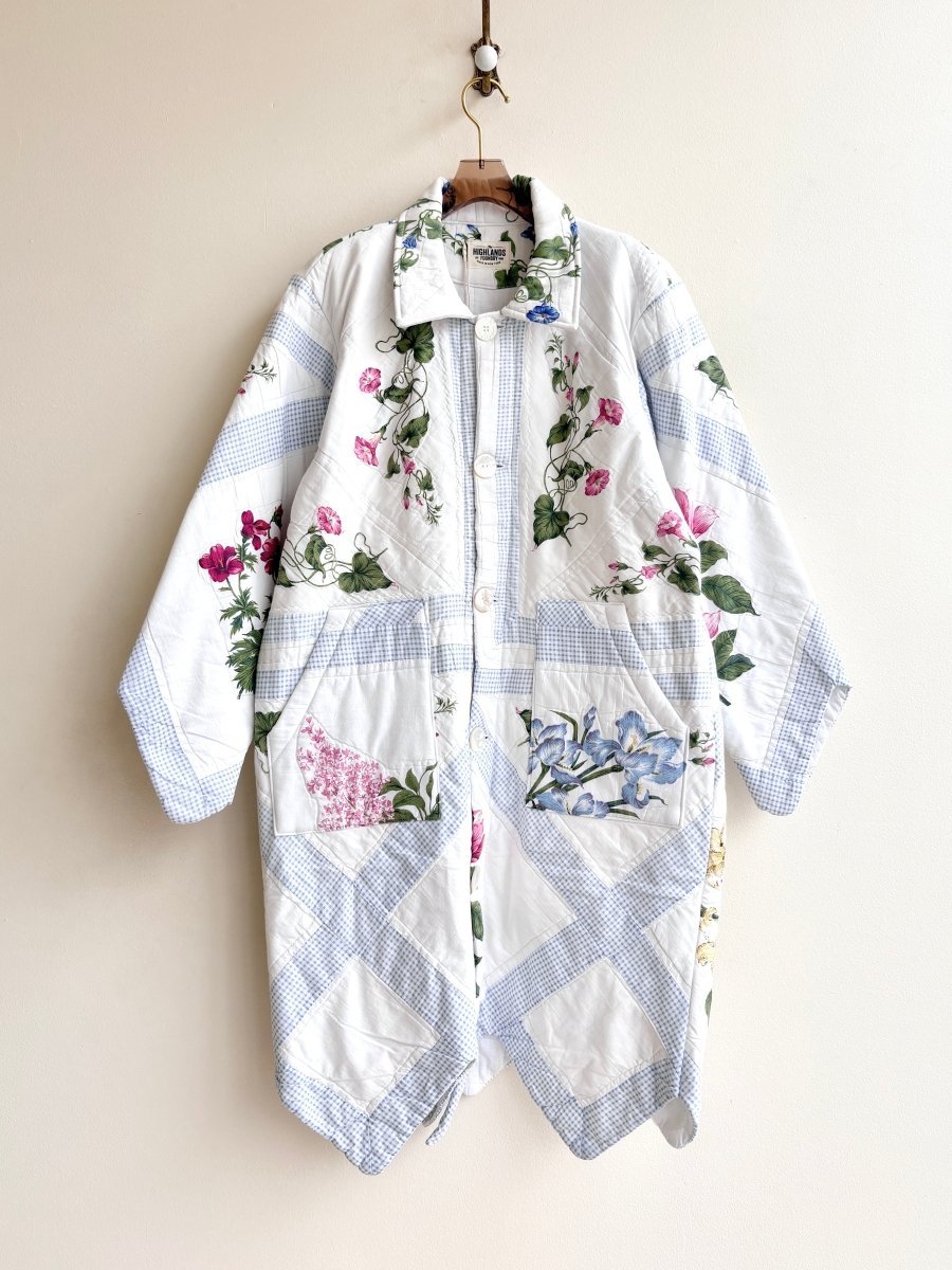 Blue Gingham and Morning Glory Quilted Duster Jacket - Made X Hudson