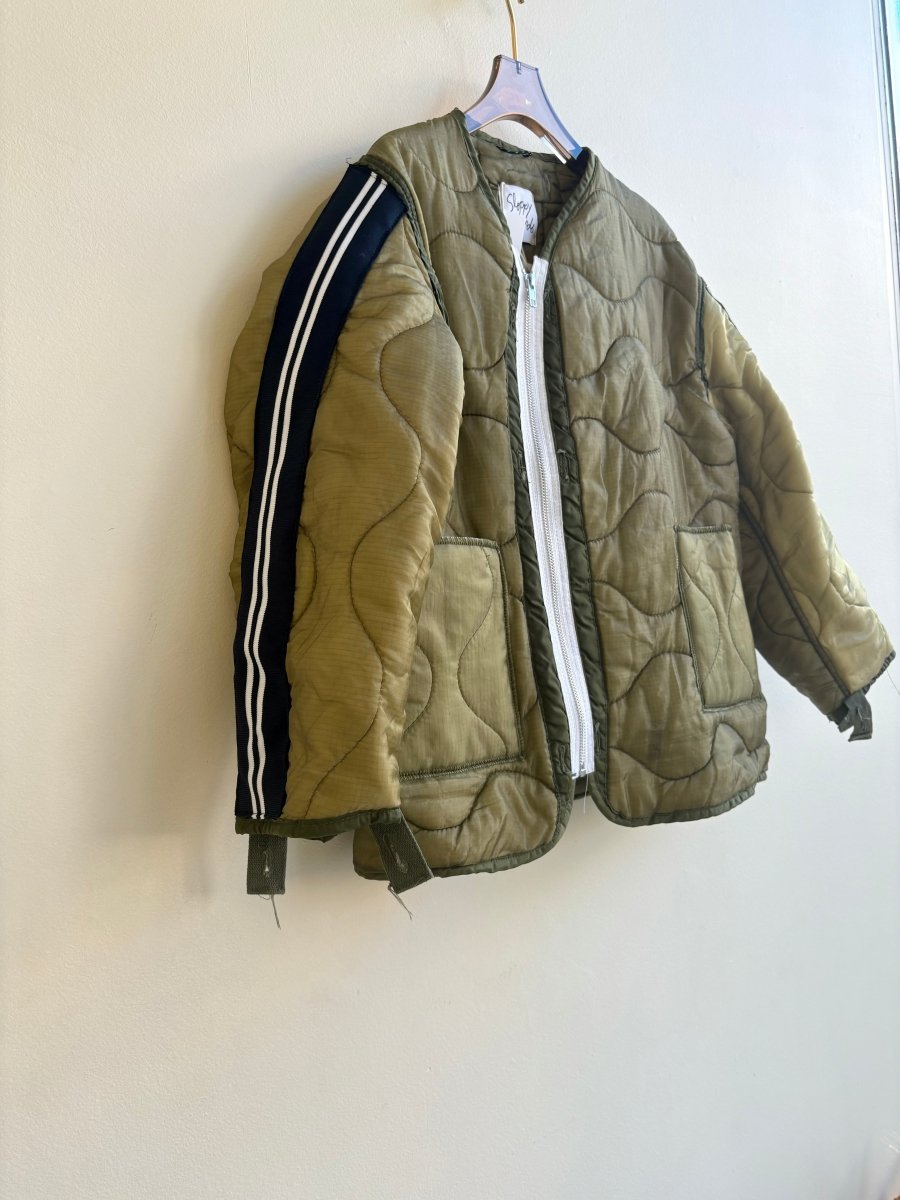 Olive Green Army Liner Quilted Zip - Up Coat w/ Navy White Striped Sleeves (Reworked) - Made X Hudson