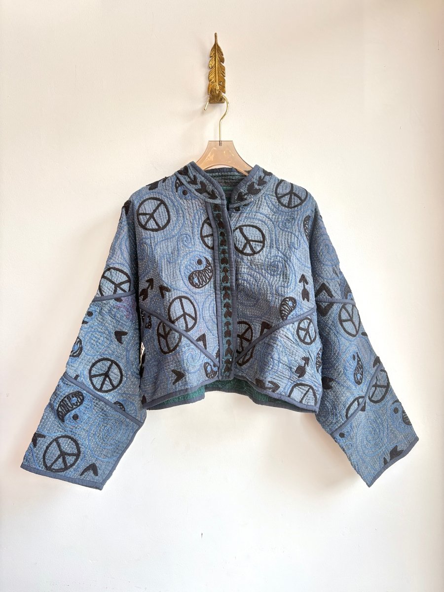 Reversible Suzani Quilted Cropped Jacket in Colors Slate Blue, Navy, Black & Forest, Grey, Black - Made X Hudson