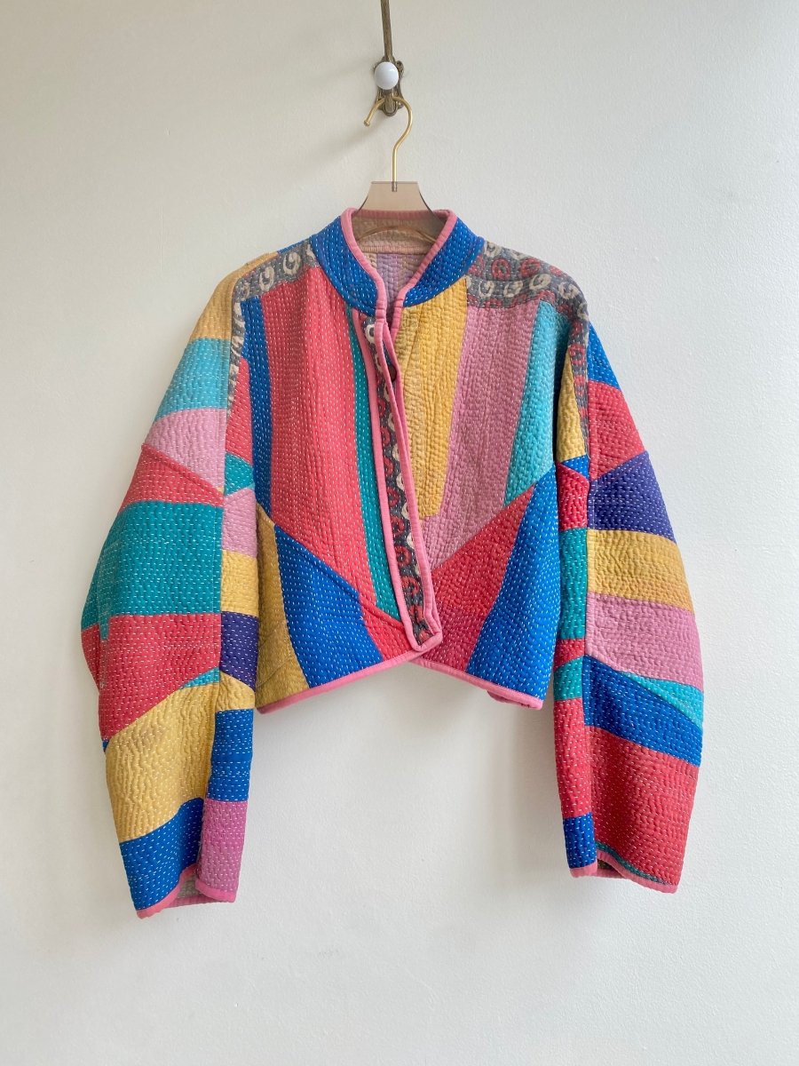 Reversible Kaira Quilted Cropped Jacket in Colors Sage, Flax & Red, Blue, Yellow Patchwork - Made X Hudson