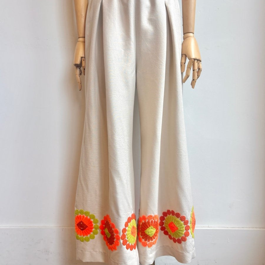 Neon Orange & Green Retro Floral Embroidered Wide-Leg Pant - Made X Hudson