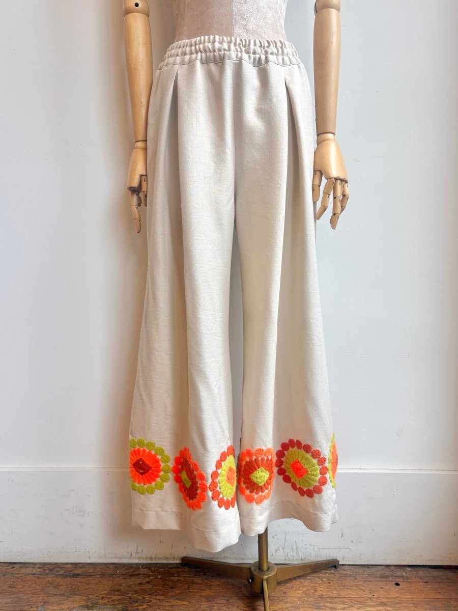 Neon Orange & Green Retro Floral Embroidered Wide-Leg Pant - Made X Hudson