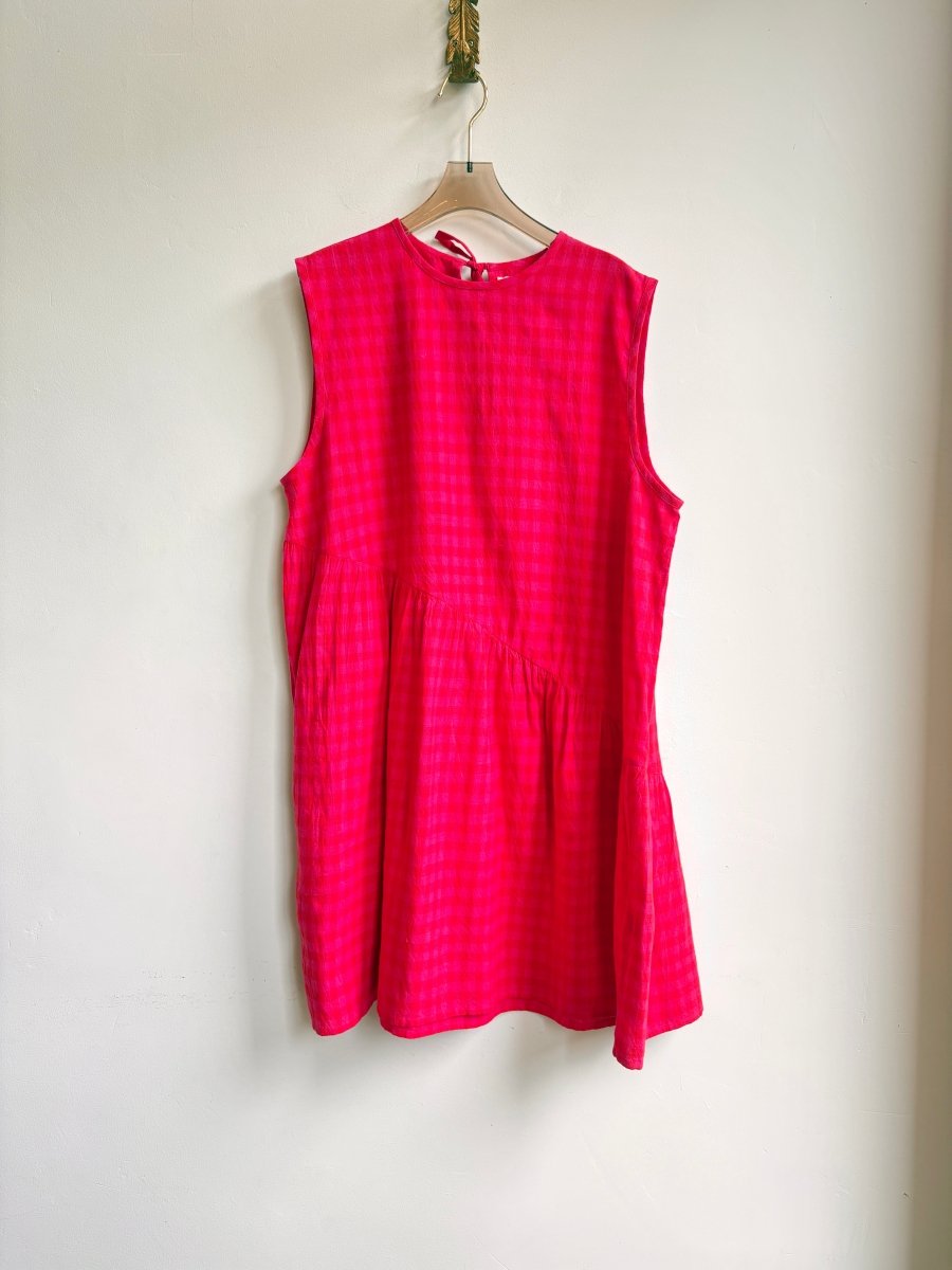 Anan Short Gathered Dress in Pink & Red Petunia Check - Made X Hudson