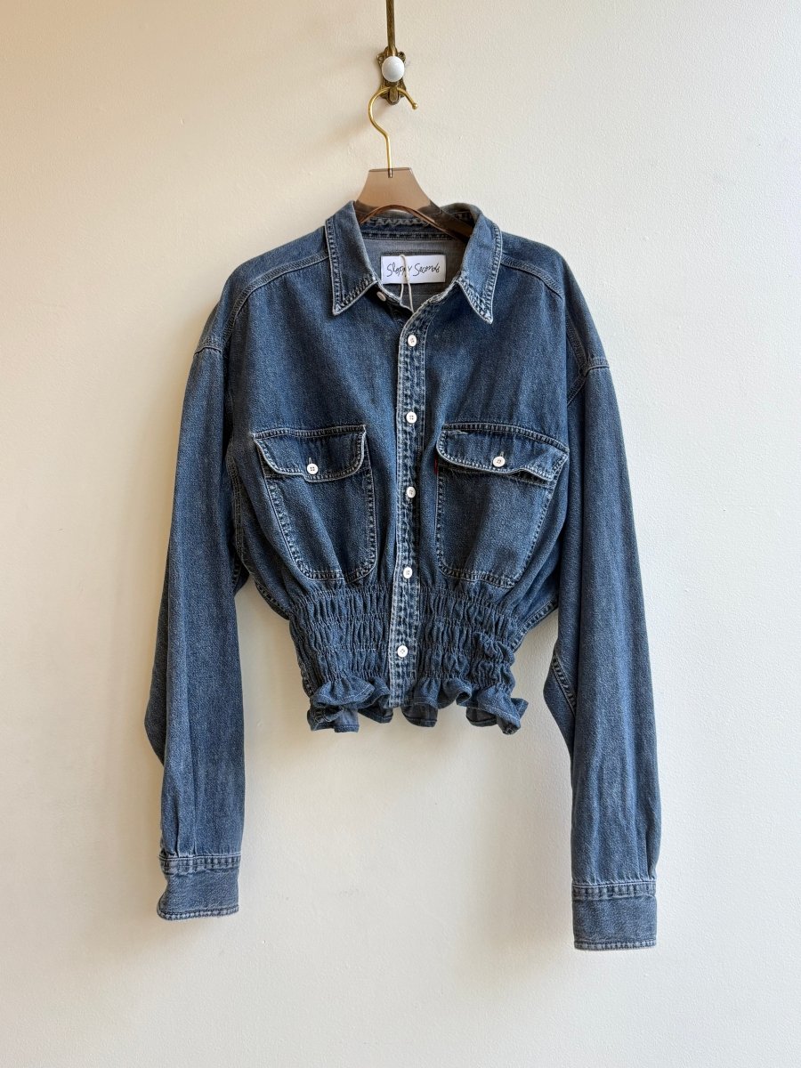 The George Top | Slate Blue Denim Button Down Top w/ Smocked Waist (Reworked) - Made X Hudson