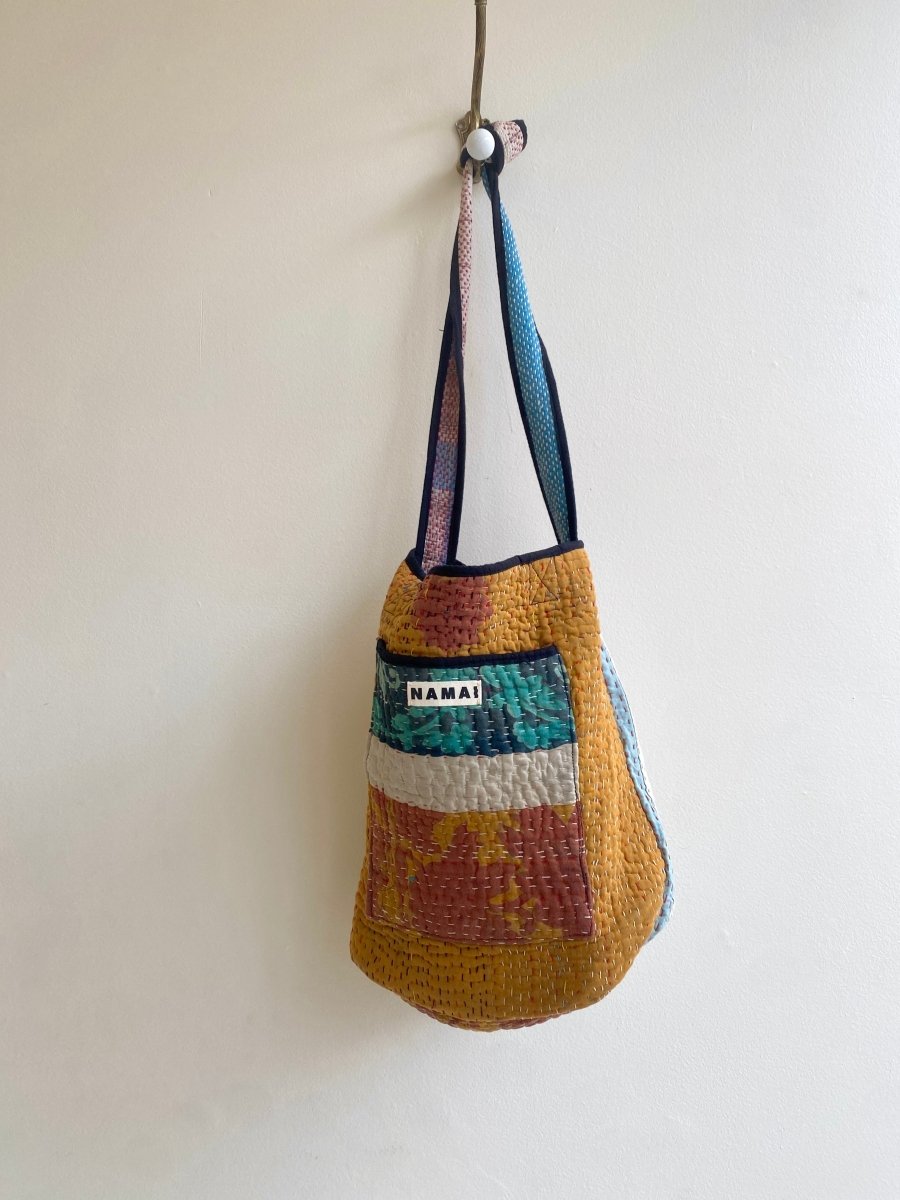 Reversible Xoti II Hand - Quilted Tote Bag in Colors Blue, Black & Mustard, Pale Blue - Made X Hudson