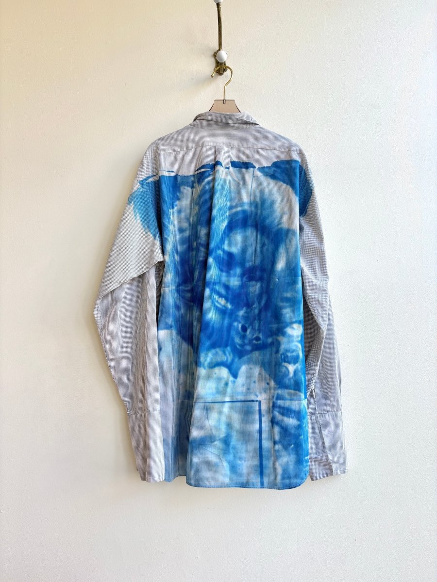 Pixilated Dolly Parton and Kitten Blue Cyanotype Gridded Button-Up Shirt (Reworked) - Made X Hudson