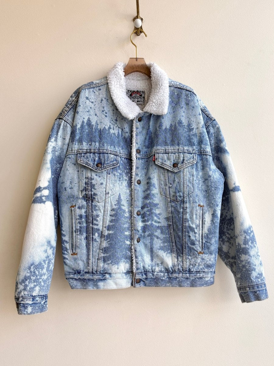"Frances" Distressed Light Denim Sherpa Jacket with Tree Stencils (Reworked) - Made X Hudson