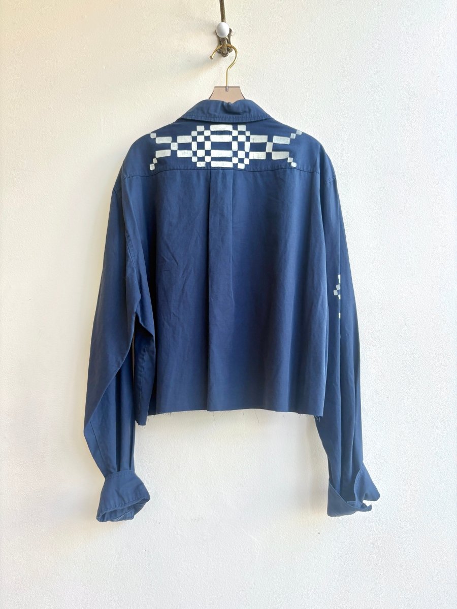Deep Navy and Cream Overshot Crop Button-Up | Hand Painted (Reworked) - Made X Hudson