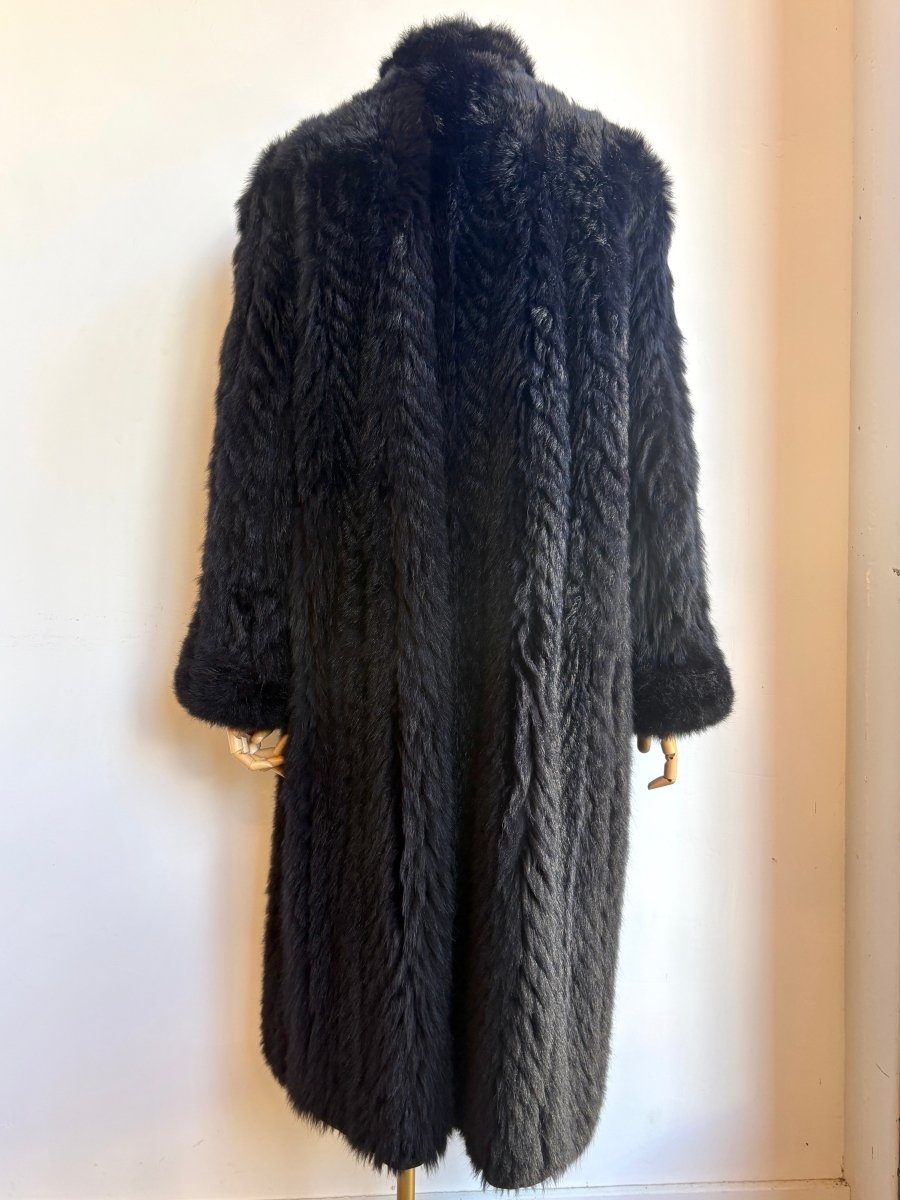Reversible Midnight Black Leather Chevron and Fur Dress Coat (Vintage) - Made X Hudson