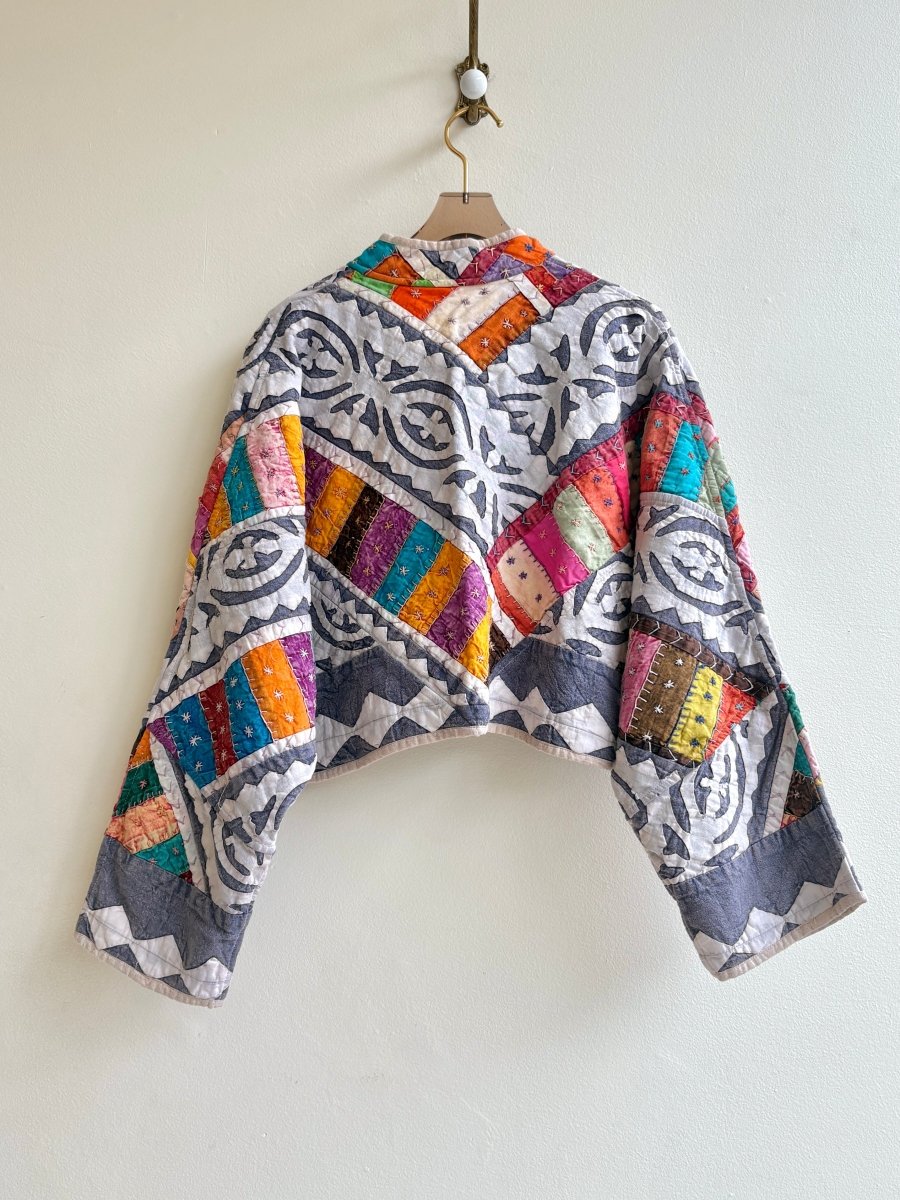 Reversible Suzani Quilted Cropped Jacket in Colors Ecru & Cream, Purple, Pink, Yellow, Brown, Orange - Made X Hudson