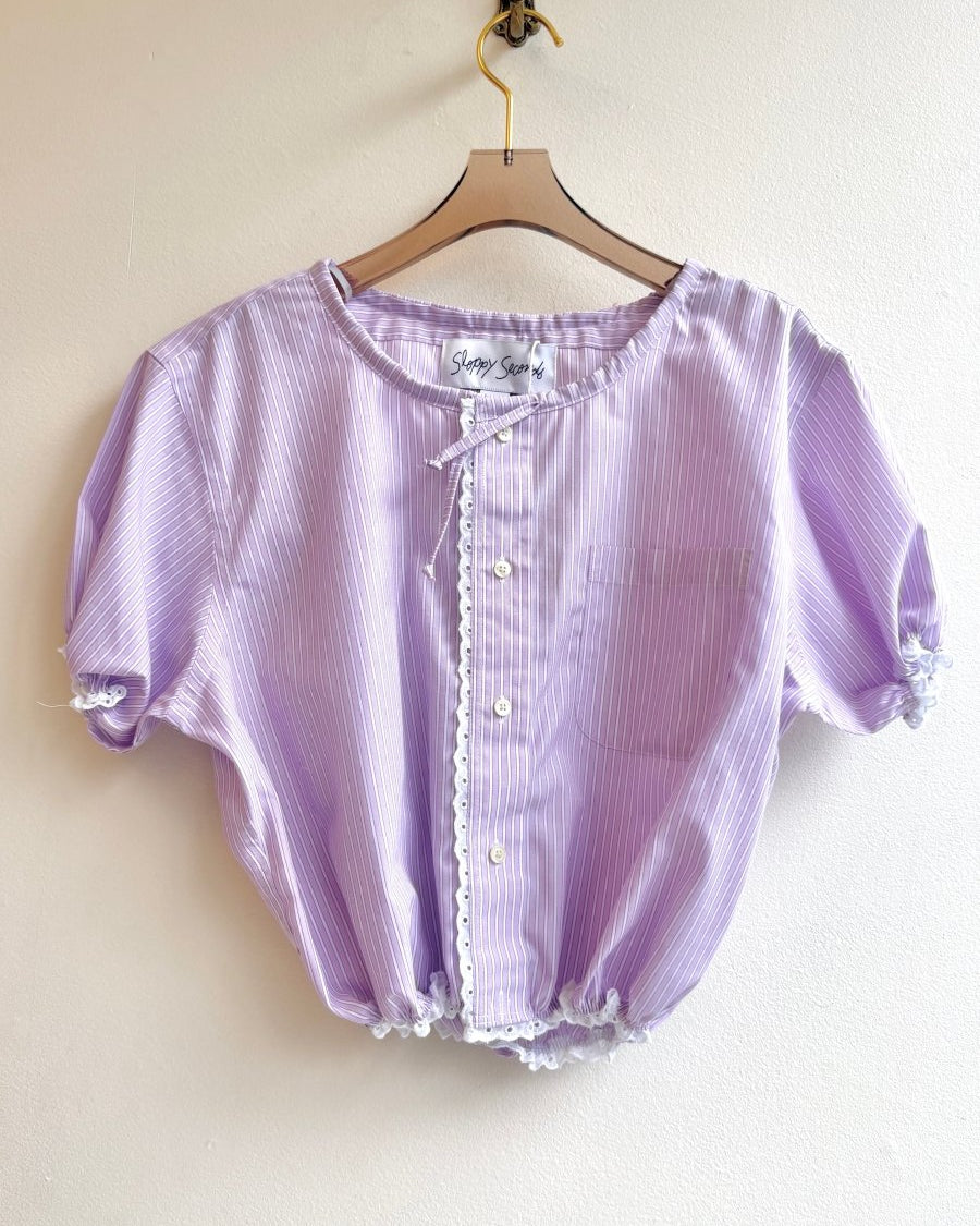 The Henry Top | Lilac Stripe Cap Sleeve w/ Smocked Waist & Eyelet Trim (Reworked) - Made X Hudson