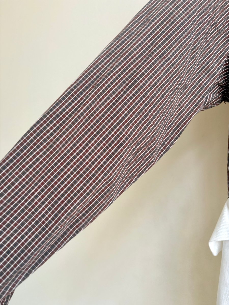 V - Line Shirtwaist Dress in Brown, Grey, White & Blue Mini - Plaid & White Cotton Canvas (Reworked) - Made X Hudson