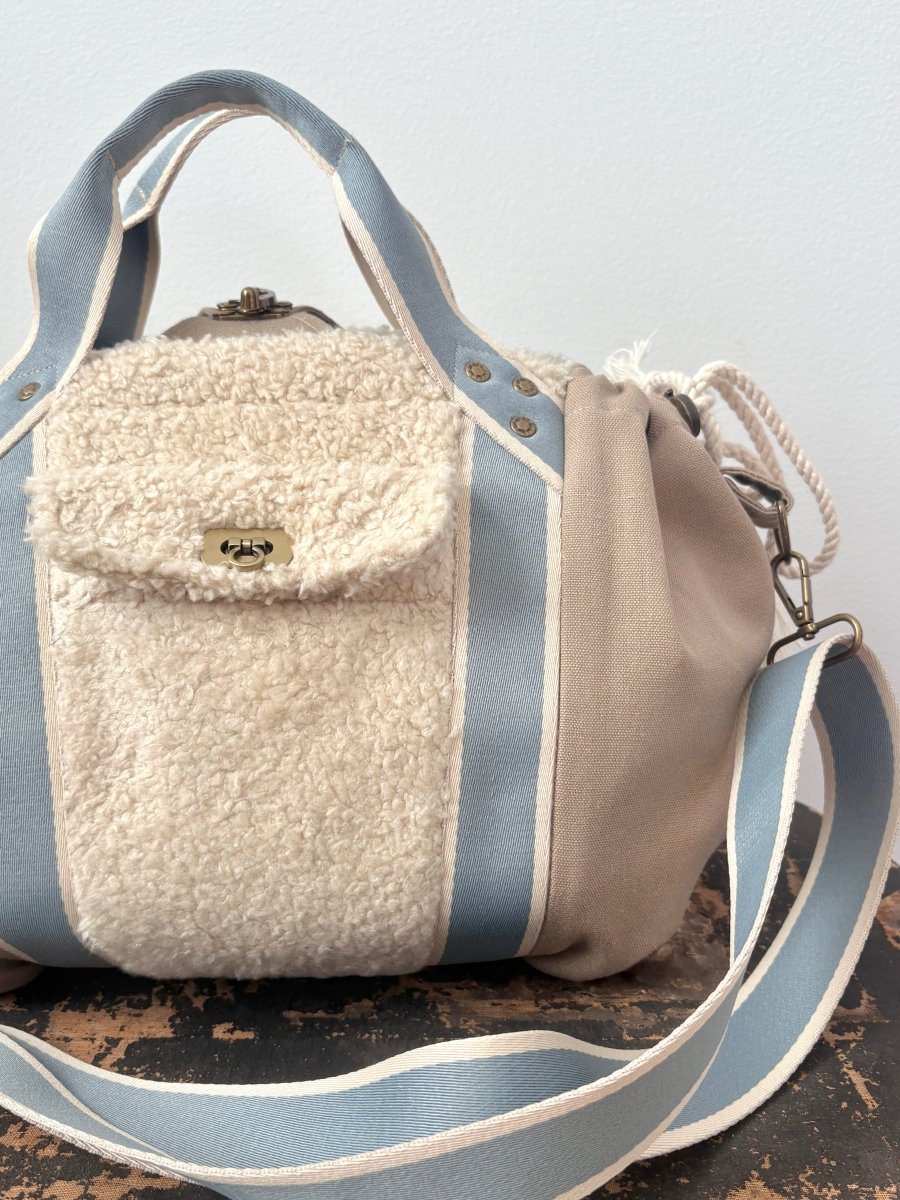 Mini Cross - Body Duffel Bag in Khaki and Faux Sherpa w/ Sky Blue Webbing - Made X Hudson