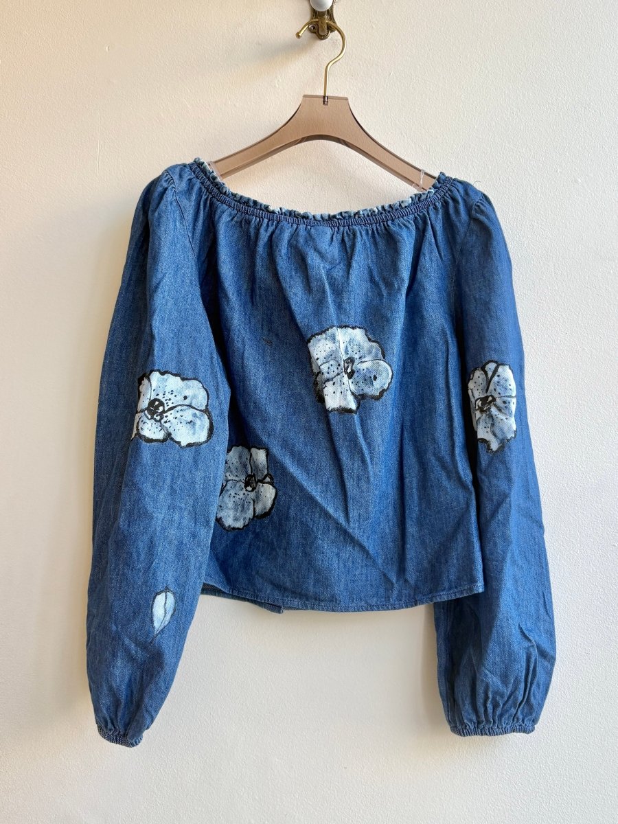 Blue Denim & White Poppy Painted Cropped Long Sleeve Top (Reworked) - Made X Hudson