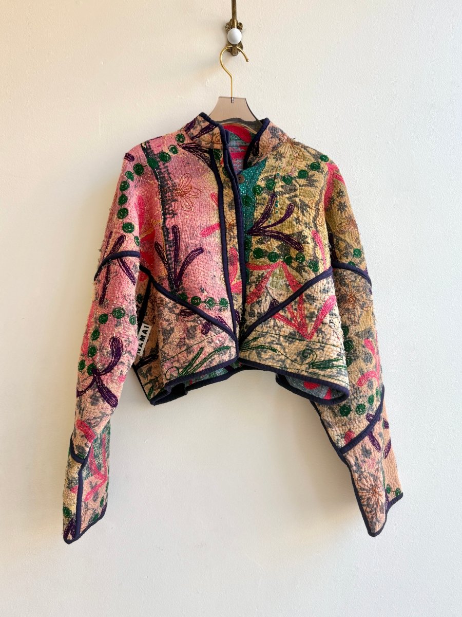 Reversible Suzani Quilted Cropped Jacket in Colors Pink, Green, Beige, Grey & Blue, Green, Pink, Purple - Made X Hudson