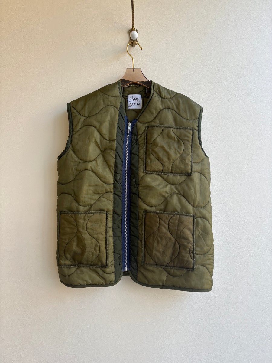Olive Green Army Liner Quilted Vest w/ Navy Blue Zipper & Pockets (Reworked) - Made X Hudson