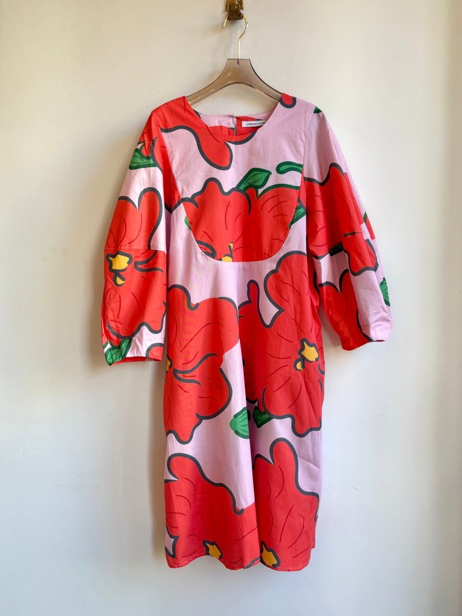 Pink & Red Flower Bib Dress w/ Balloon Sleeves - Made X Hudson