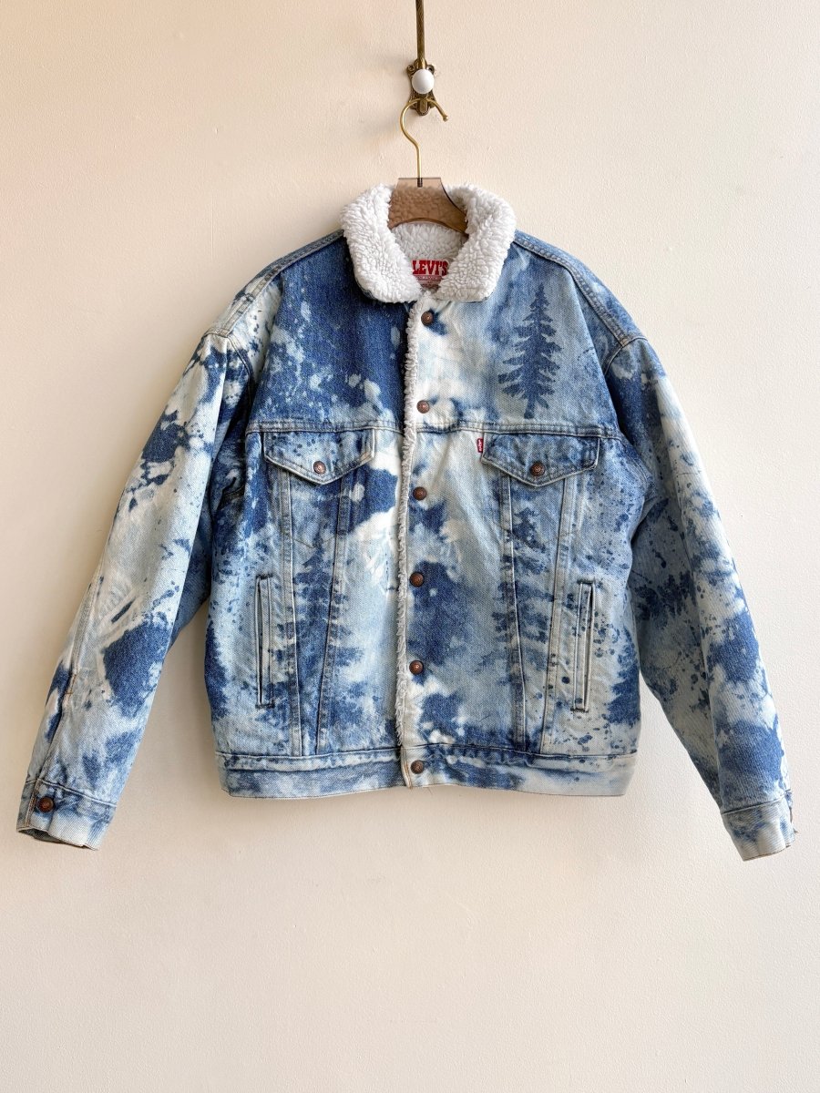 "Leigh" Distressed Denim Sherpa Jacket with Tree Stencils (Reworked) - Made X Hudson