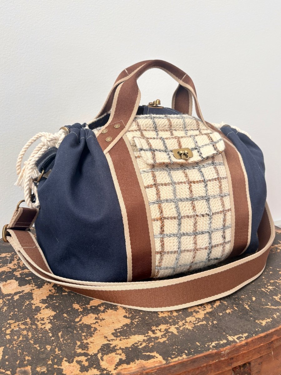 Mini Cross - Body Duffel Bag in Navy Hemp Cotton and Woven Grid Pattern w/ Brown Webbing - Made X Hudson