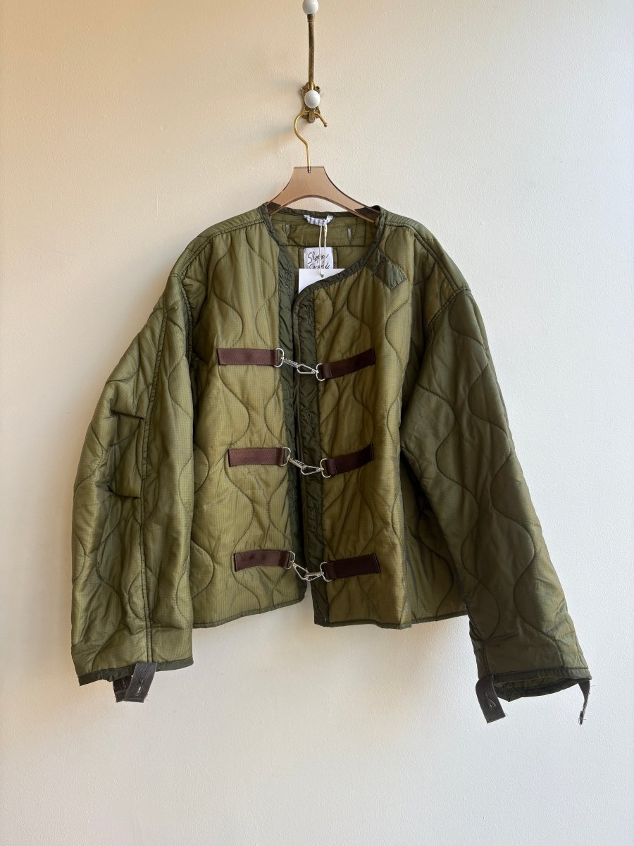 Light Olive Green Army Liner Quilted Coat w/ Brown Canvas & Silver - tone Clasps (Reworked) - Made X Hudson