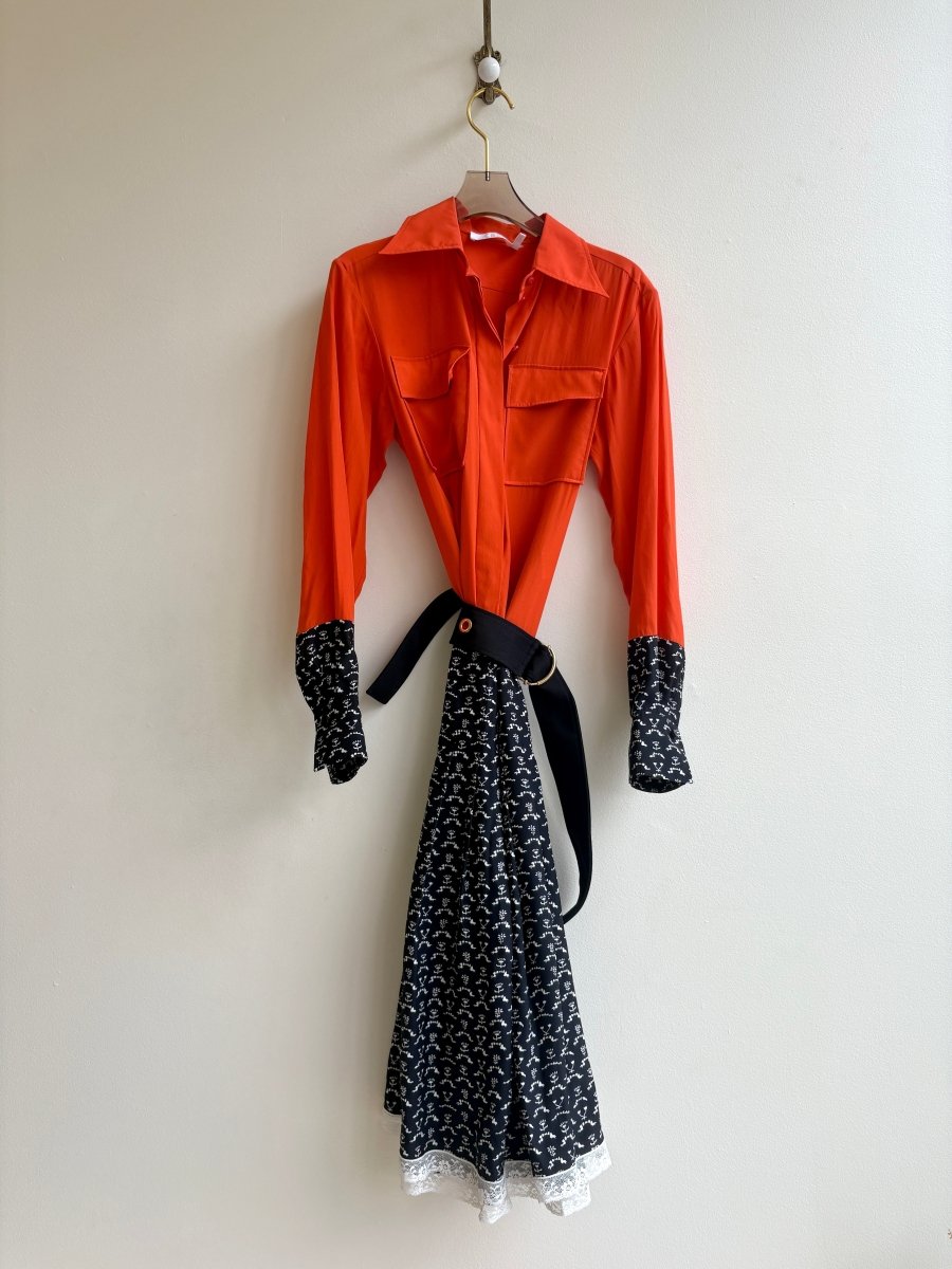 Chloé | Orange, Black, and White Floral Dress w/ Belt (Vintage) - Made X Hudson