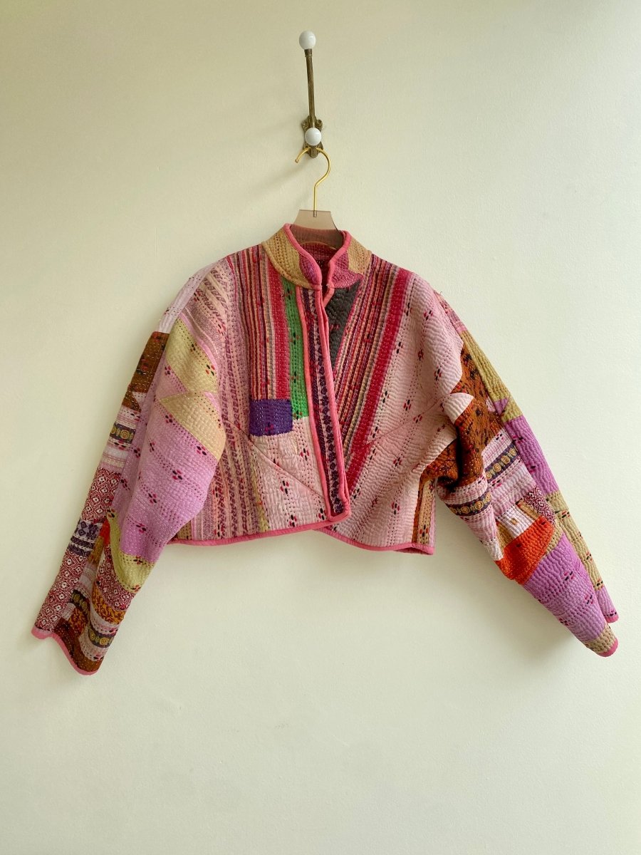 Reversible Kaira Quilted Cropped Jacket in Colors Red, Pink, Orange, Yellow, & Pale Pink Patchwork - Made X Hudson