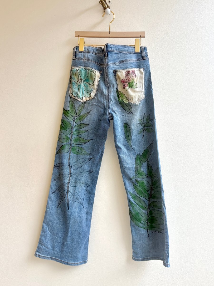 Blue & Pink Flower Pockets w/ Leaves Eco Printed & Hand Drawn Denim Pants (Reworked) - Made X Hudson