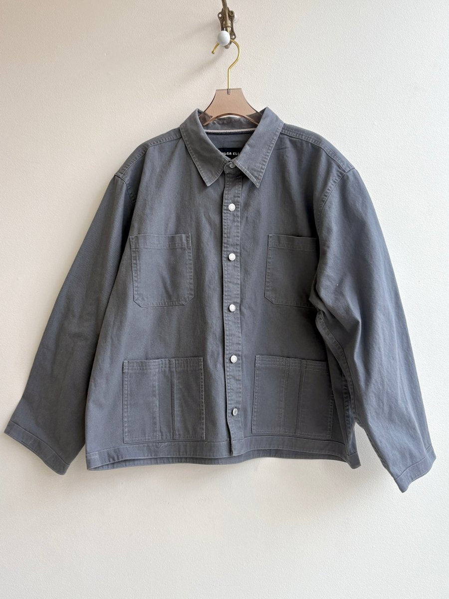 Grey Denim Shirtjacket w/ Patch Pockets and Black Diamond Patch (Reworked) - Made X Hudson