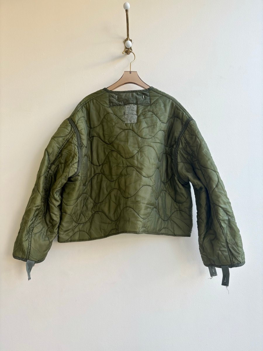 Dark Olive Green Army Liner Quilted Coat w/ Tan Leather & Silver - Tone Clasps (Reworked) - Made X Hudson