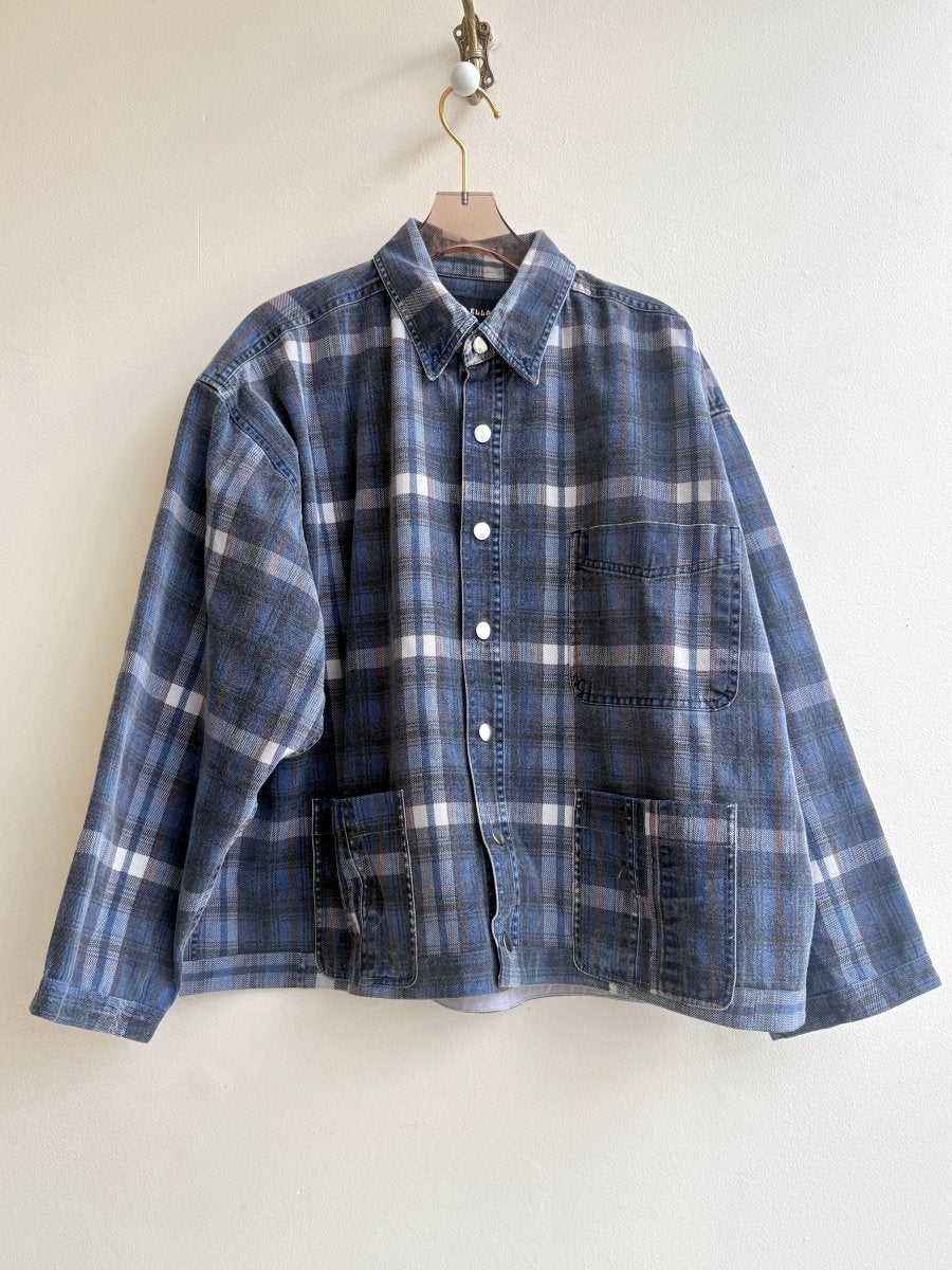 Navy and Orange Plaid Denim Shirtjacket w/ Trio of Patch Pockets (Reworked) - Made X Hudson