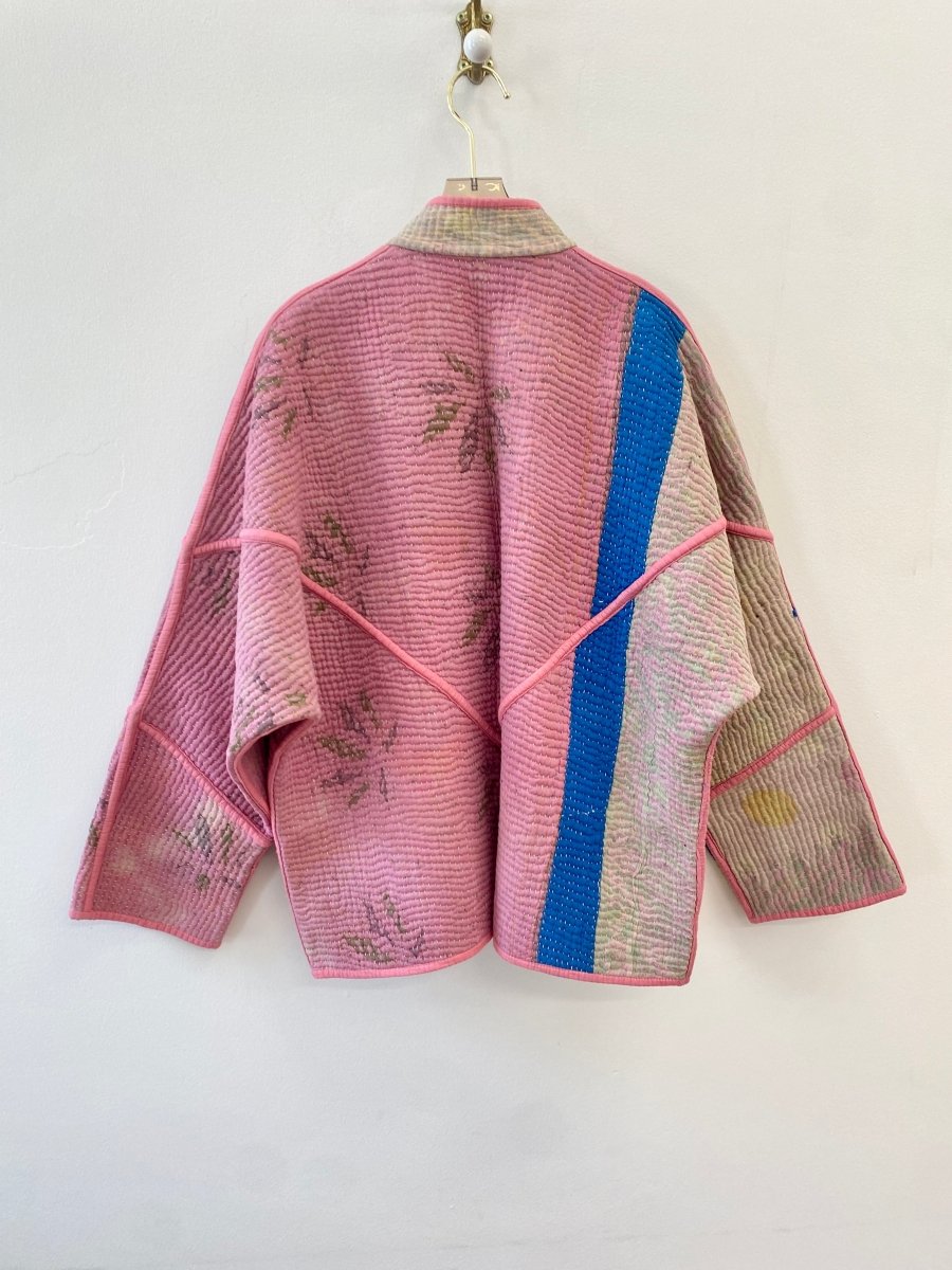 Reversible Ladhiya Quilted Jacket in Bubblegum Pink, Tan, Blue, Floral Patchwork & Printed Multi - Colored Patchwork, Pink, Green - Made X Hudson