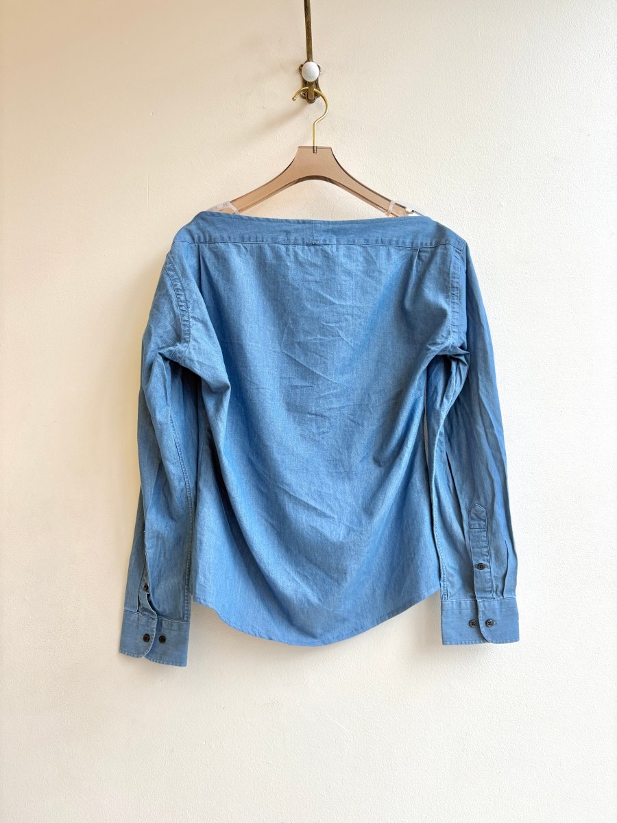 The Adrian Top | Blue Chambray Button Down Top w/ Scoop Neck (Reworked) - Made X Hudson