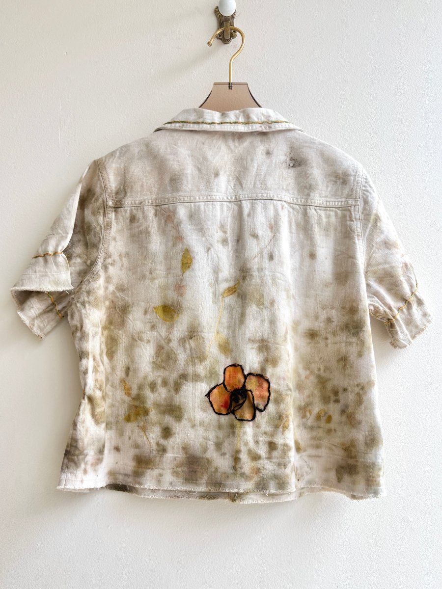Tangerine and Sage Embroidered Denim Short Sleeve Top (Reworked) - Made X Hudson