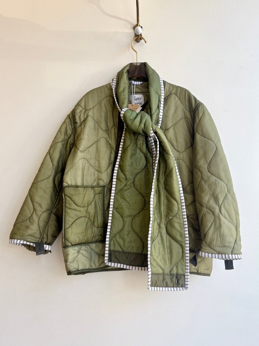Light Olive Green Army Liner Quilted Coat w/ Bright Olive Scarf & White Zipper (Reworked) - Made X Hudson