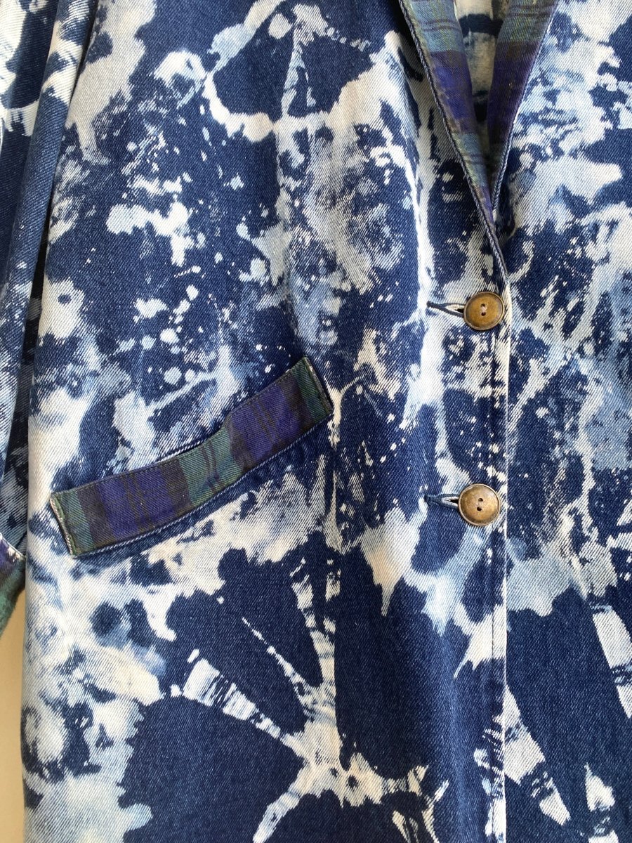 Vintage Hand Dyed Button Up Denim Trench Coat w/ Green Plaid Flannel Facings (Reworked) - Made X Hudson