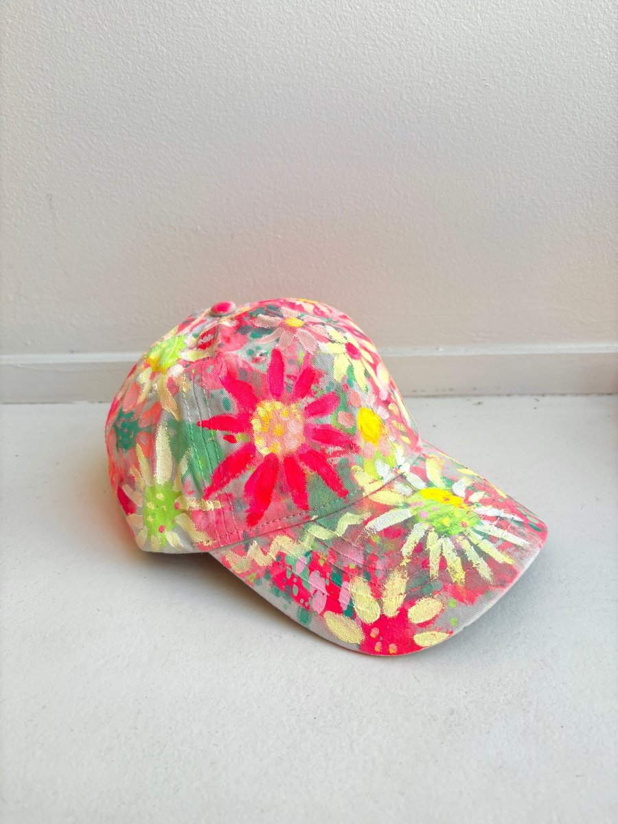 Natural and Pink Hand Painted Neon Multi Color Flowers Baseball Cap - Made X Hudson