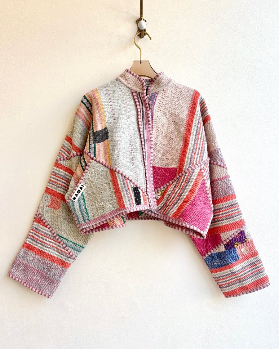 Reversible Kaira Quilted Cropped Jacket in Colors Pink, Orange, Lavender, Cream Stripes - Made X Hudson