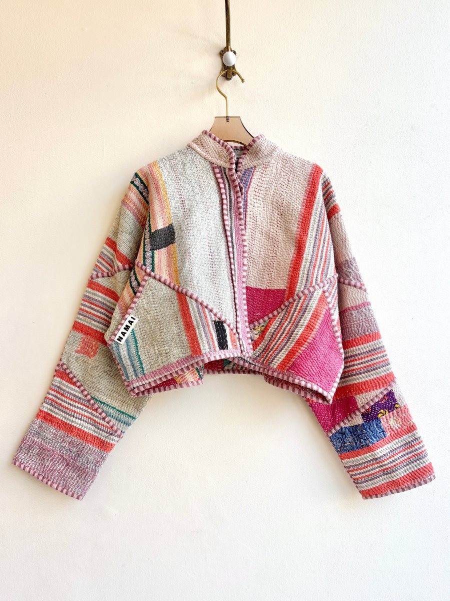 Reversible Kaira Quilted Cropped Jacket in Colors Pink, Orange, Lavender, Cream Stripes - Made X Hudson