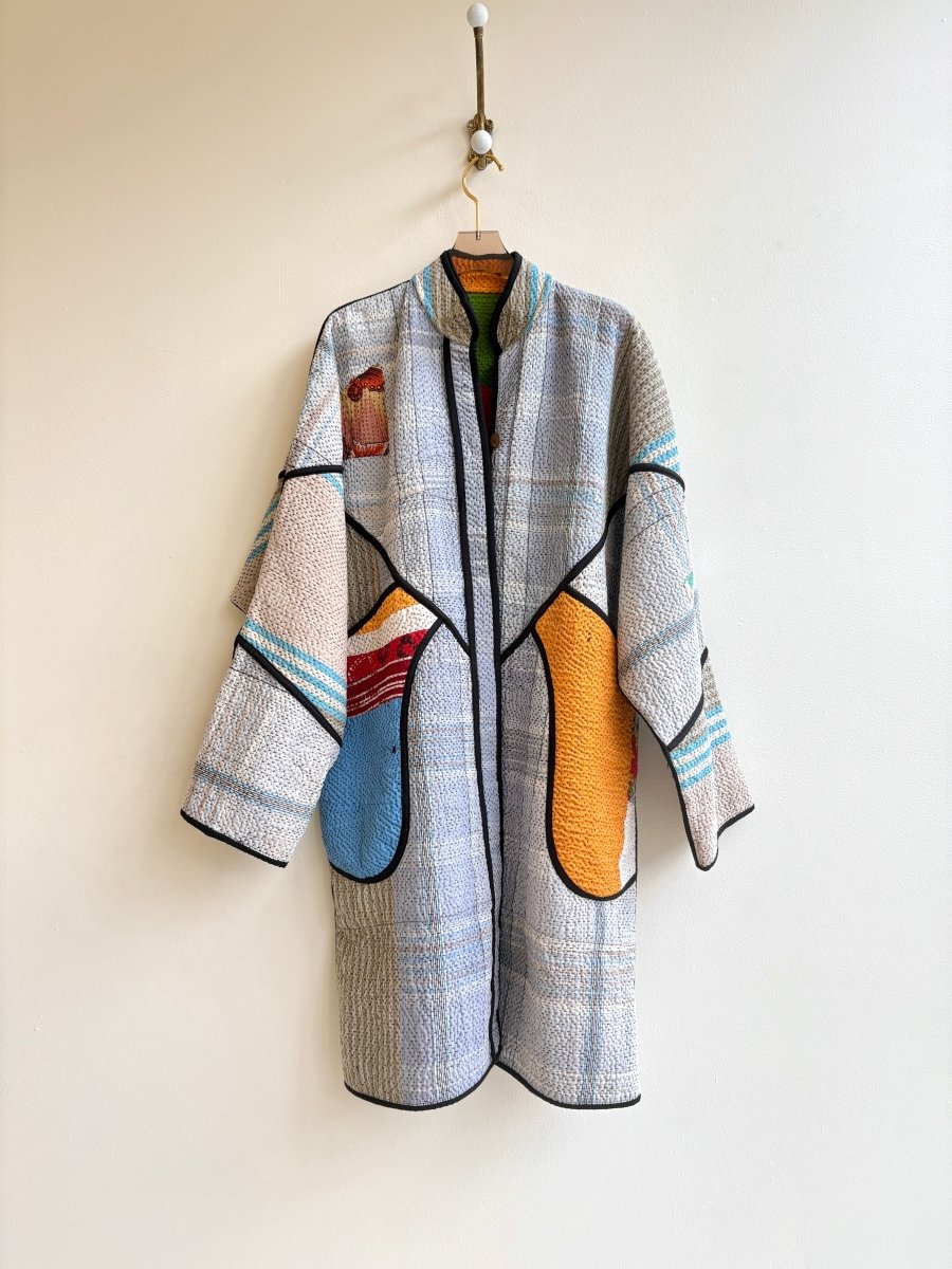 Reversible Sai Long Trench Quilted Jacket in Colors Grey, Blue, Red, Orange & Green, Red, Saffron, Cream, Black - Made X Hudson