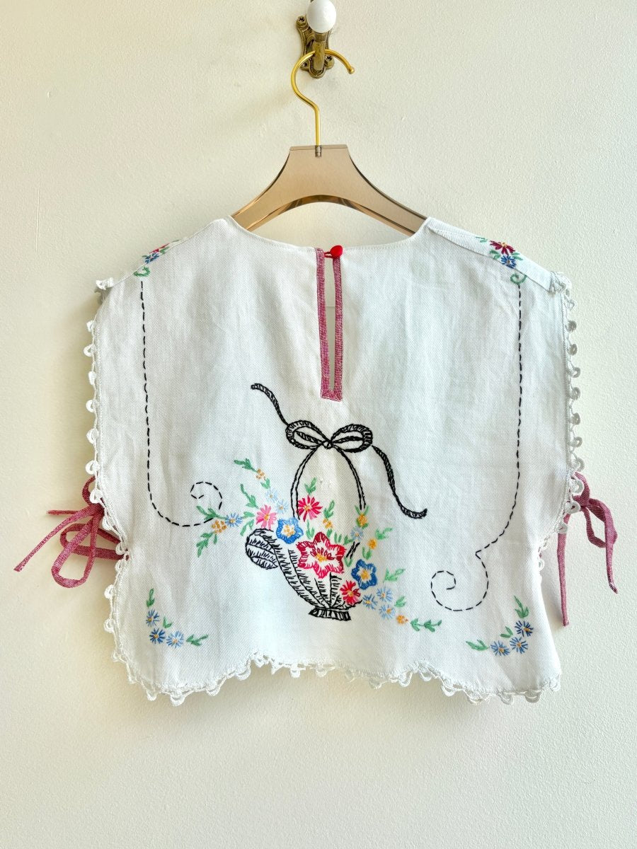 Daisy Basket Hand Embroidered Open Side with Red Ties - Made X Hudson