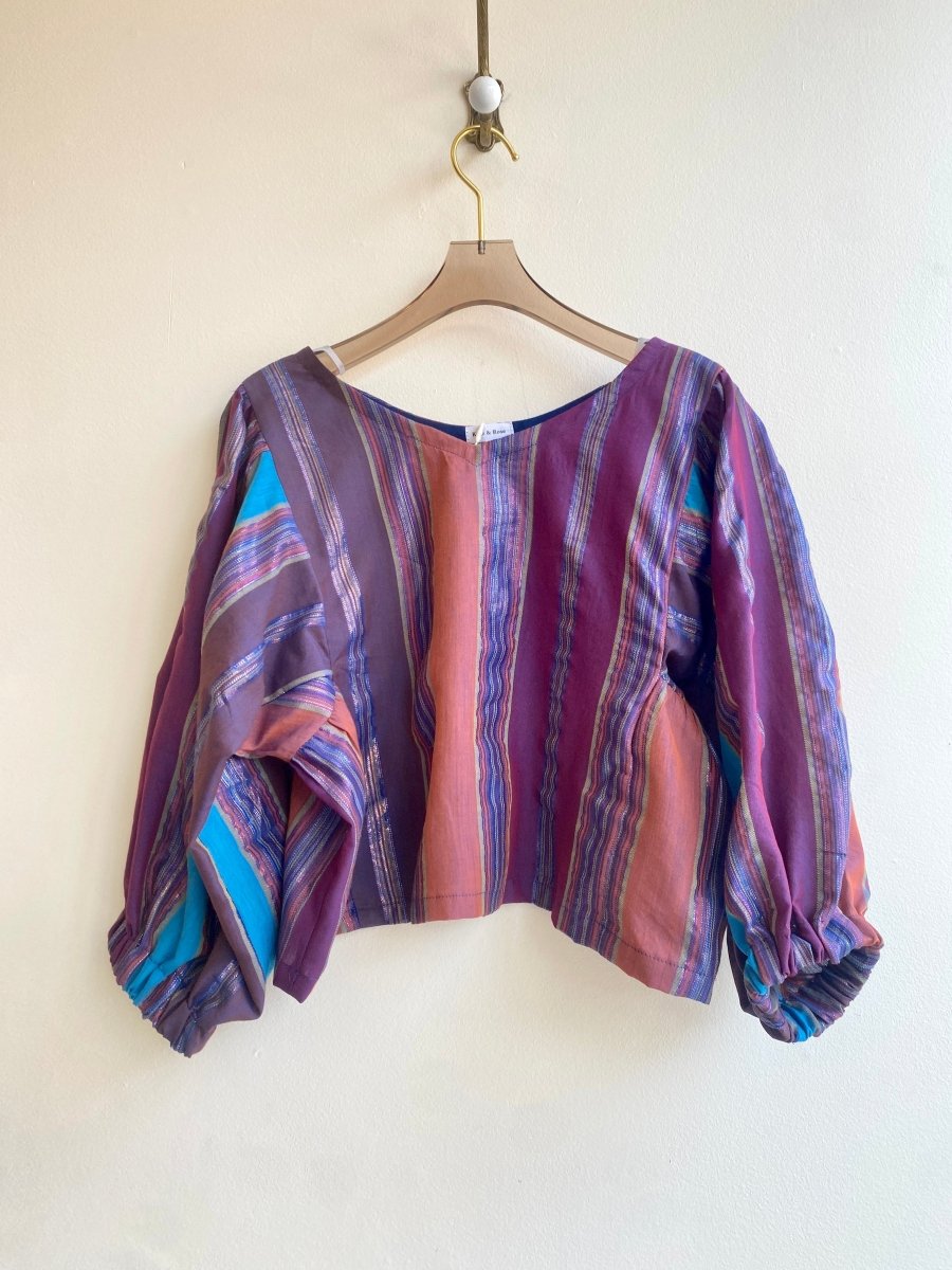 Zero Waste Gathered Sleeve Top In Burgundy, Orange, & Blue Metallic Thread - Made X Hudson